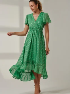 Metallic Effect Angel Sleeve Maxi Dress, Green/Gold