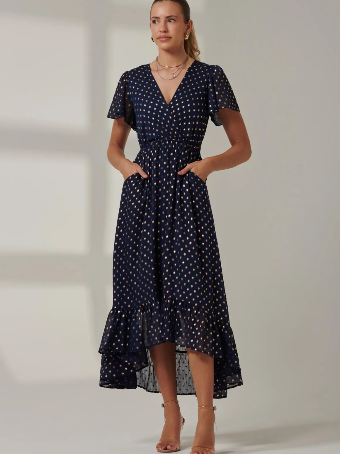 Metallic Effect Angel Sleeve Maxi Dress, Navy/Gold