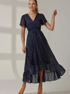 Metallic Effect Angel Sleeve Maxi Dress, Navy/Gold
