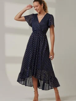 Metallic Effect Angel Sleeve Maxi Dress, Navy/Gold