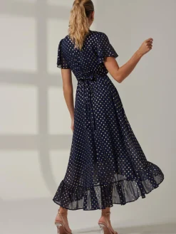 Metallic Effect Angel Sleeve Maxi Dress, Navy/Gold