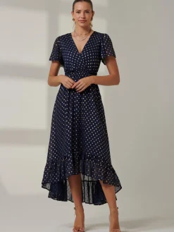 Metallic Effect Angel Sleeve Maxi Dress, Navy/Gold