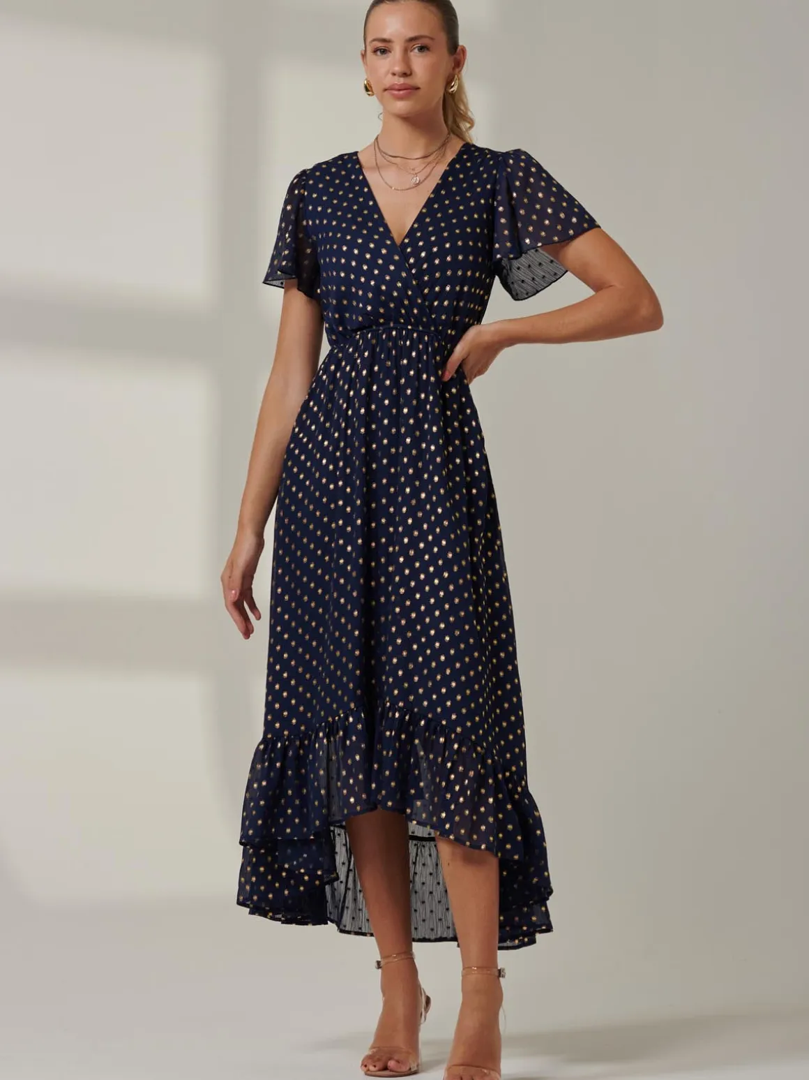 Metallic Effect Angel Sleeve Maxi Dress, Navy/Gold