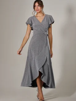 Metallic Effect Ruffle Hem Maxi Dress, Silver