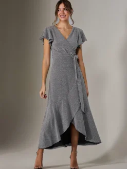Metallic Effect Ruffle Hem Maxi Dress, Silver