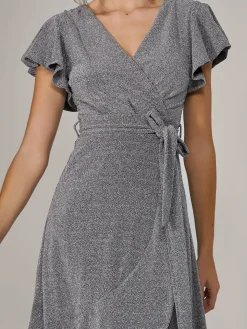 Metallic Effect Ruffle Hem Maxi Dress, Silver