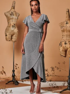 Metallic Effect Ruffle Hem Maxi Dress, Silver