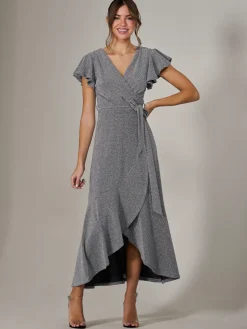 Metallic Effect Ruffle Hem Maxi Dress, Silver