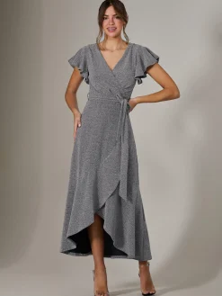 Metallic Effect Ruffle Hem Maxi Dress, Silver