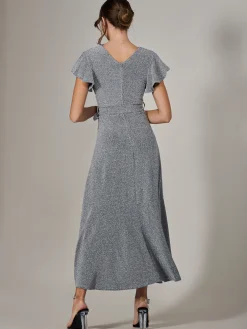 Metallic Effect Ruffle Hem Maxi Dress, Silver