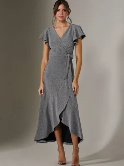 Metallic Effect Ruffle Hem Maxi Dress, Silver
