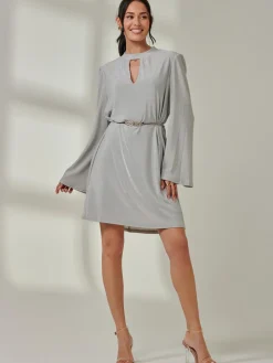 Metallic Keyhole Detail Tunic Dress, Silver
