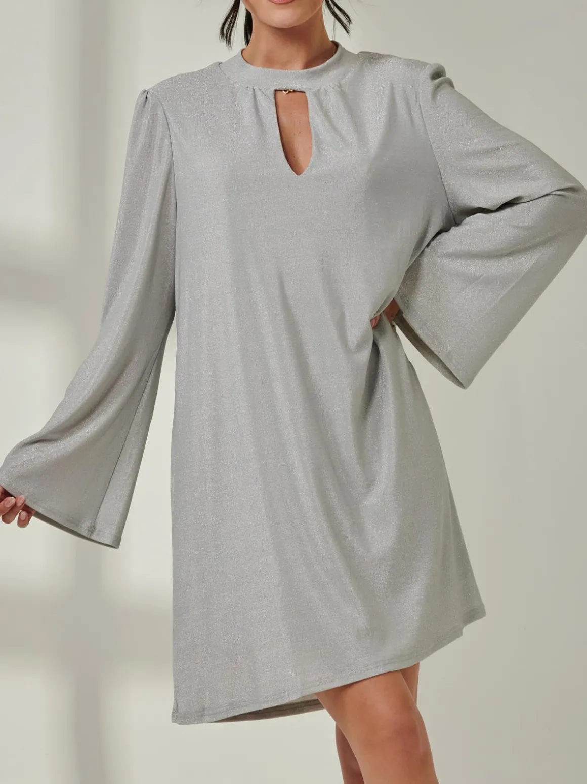 Metallic Keyhole Detail Tunic Dress, Silver