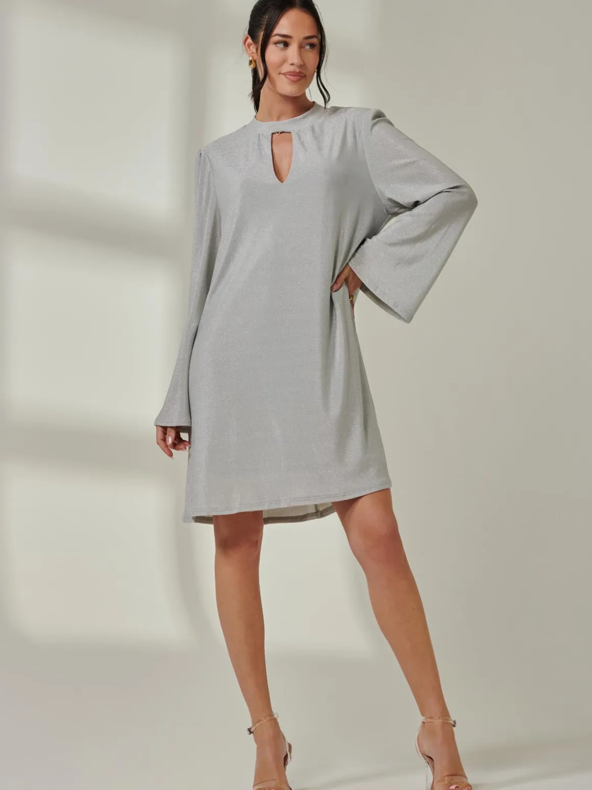 Metallic Keyhole Detail Tunic Dress, Silver
