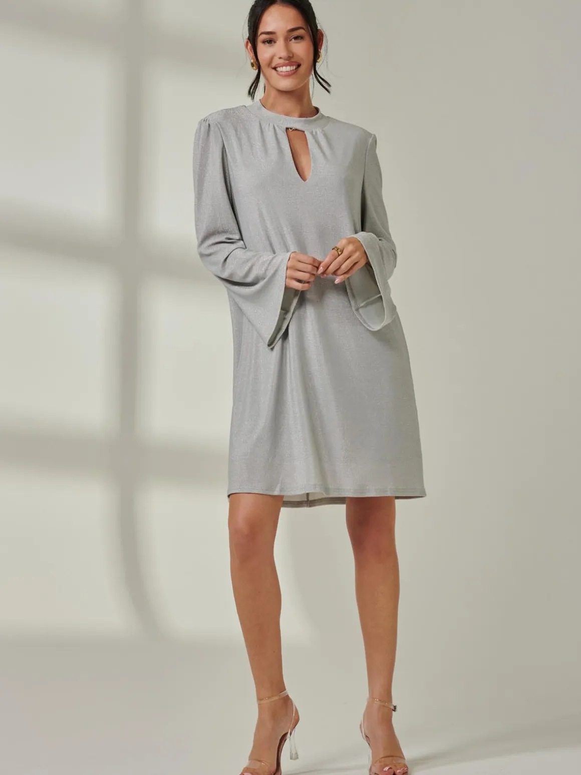 Metallic Keyhole Detail Tunic Dress, Silver
