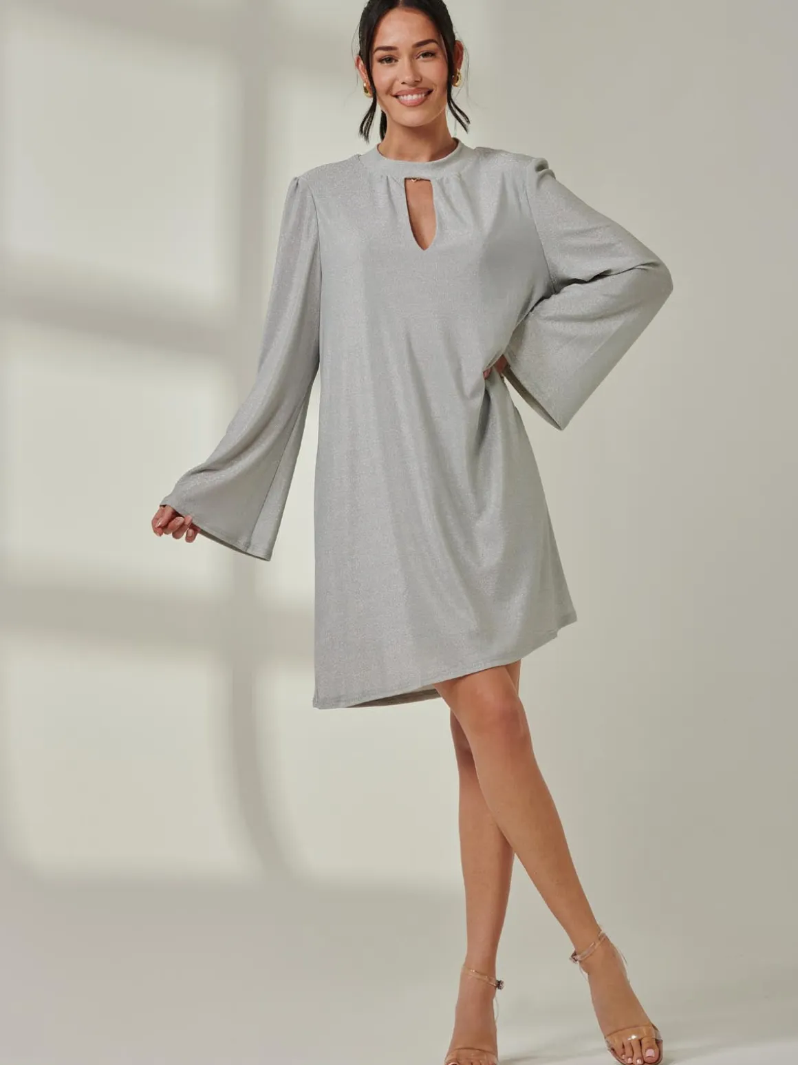 Metallic Keyhole Detail Tunic Dress, Silver
