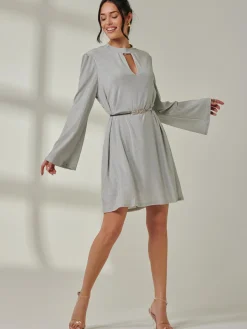 Metallic Keyhole Detail Tunic Dress, Silver