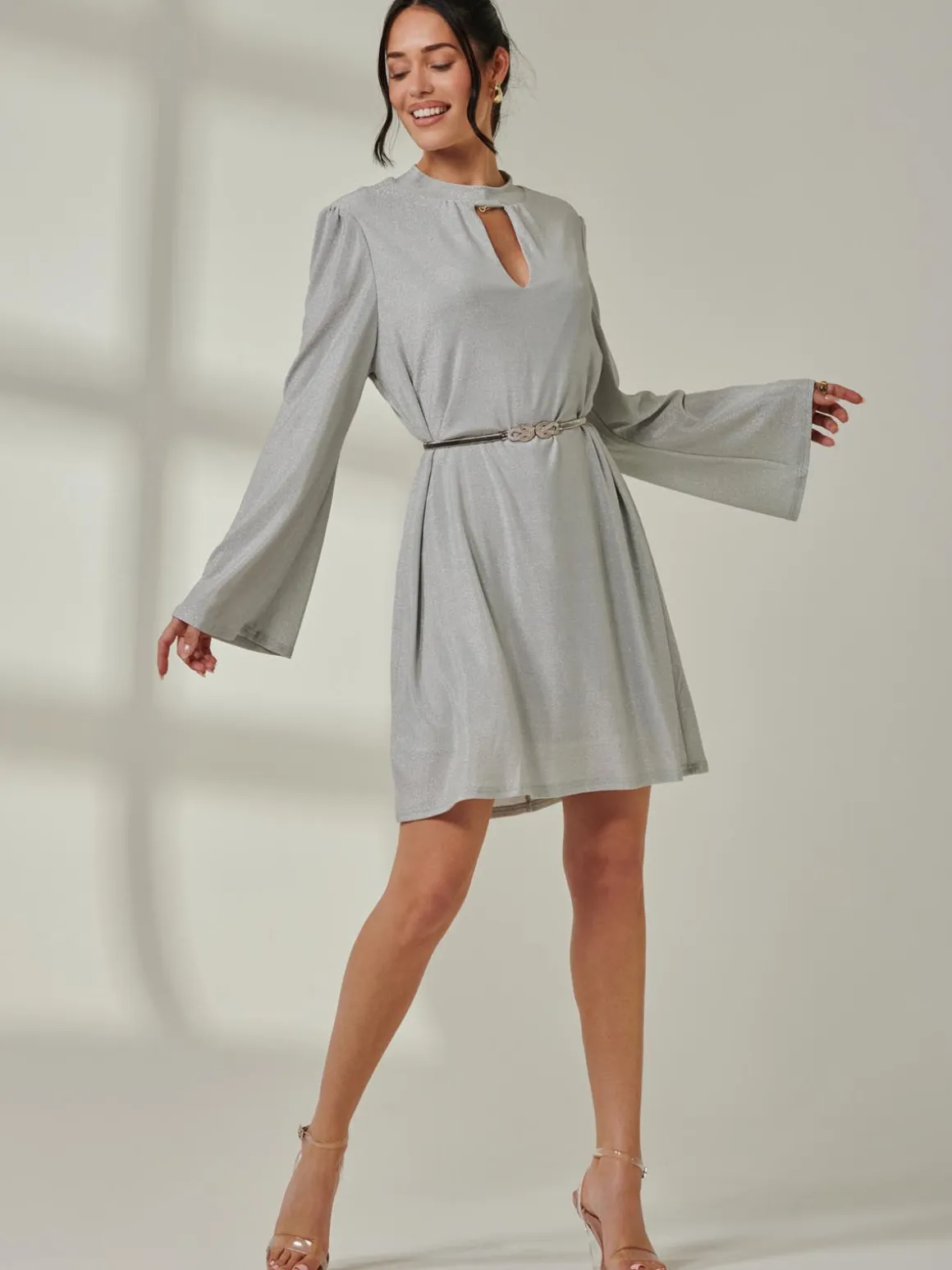 Metallic Keyhole Detail Tunic Dress, Silver