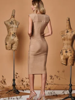 Metallic Sparkly Ruched Bodycon Dress, Gold