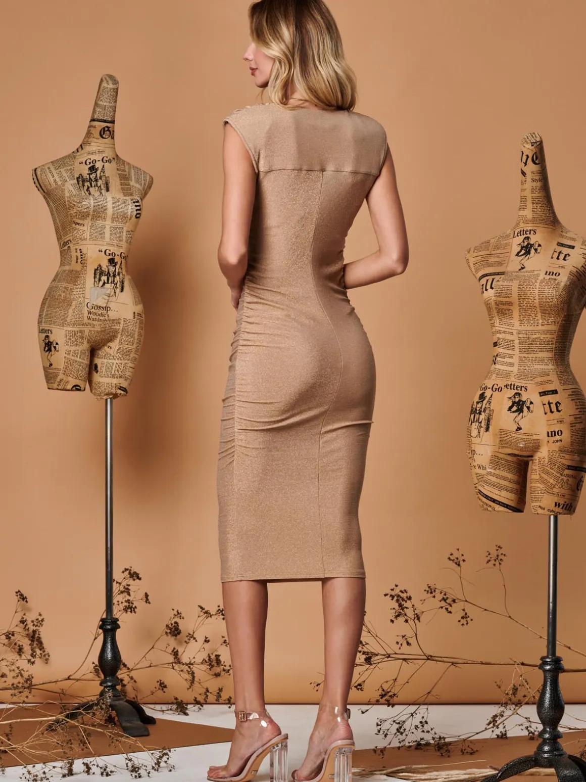 Metallic Sparkly Ruched Bodycon Dress, Gold