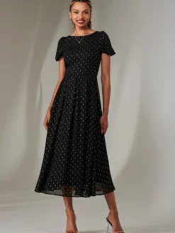 Metallic Spot Chiffon Midimix Dress, Black