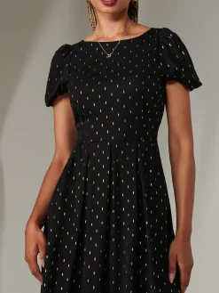 Metallic Spot Chiffon Midimix Dress, Black
