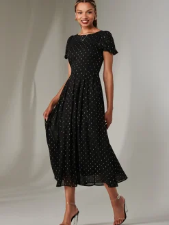 Metallic Spot Chiffon Midimix Dress, Black