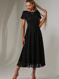 Metallic Spot Chiffon Midimix Dress, Black