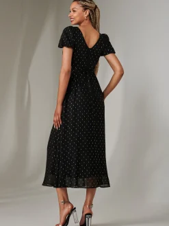 Metallic Spot Chiffon Midimix Dress, Black