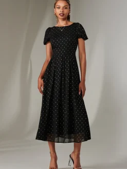 Metallic Spot Chiffon Midimix Dress, Black