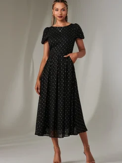 Metallic Spot Chiffon Midimix Dress, Black