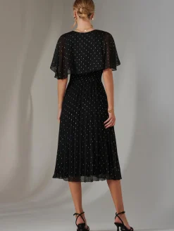Metallic Spot Chiffon Pleated Dress, Black