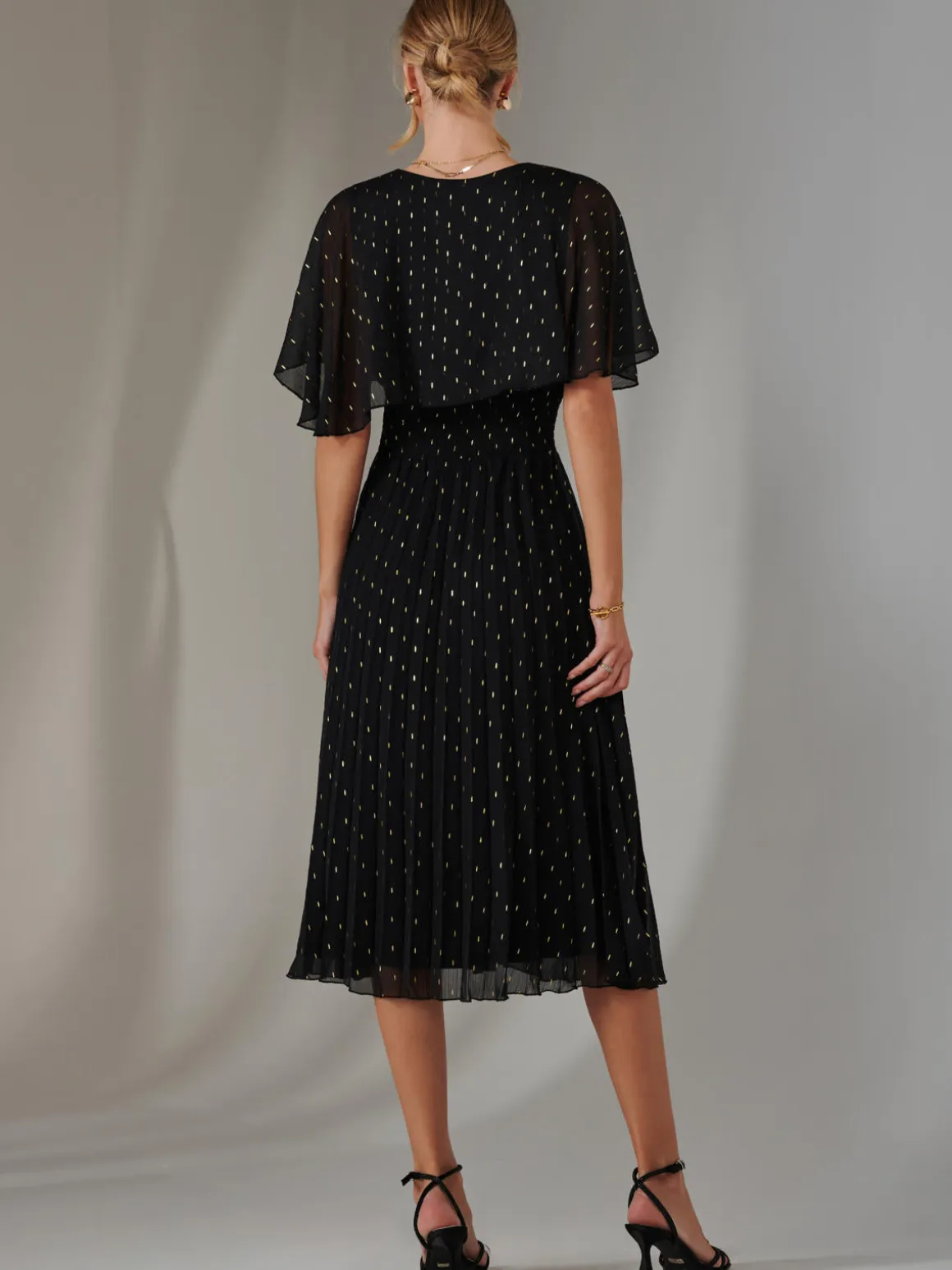 Metallic Spot Chiffon Pleated Dress, Black