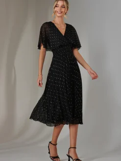 Metallic Spot Chiffon Pleated Dress, Black