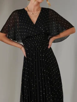 Metallic Spot Chiffon Pleated Dress, Black