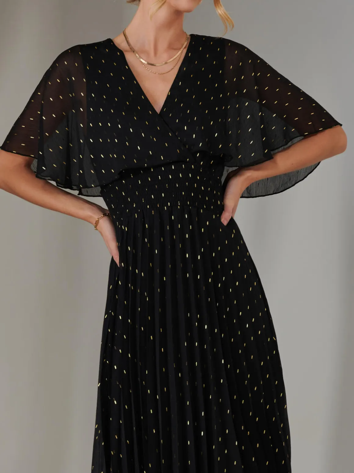 Metallic Spot Chiffon Pleated Dress, Black