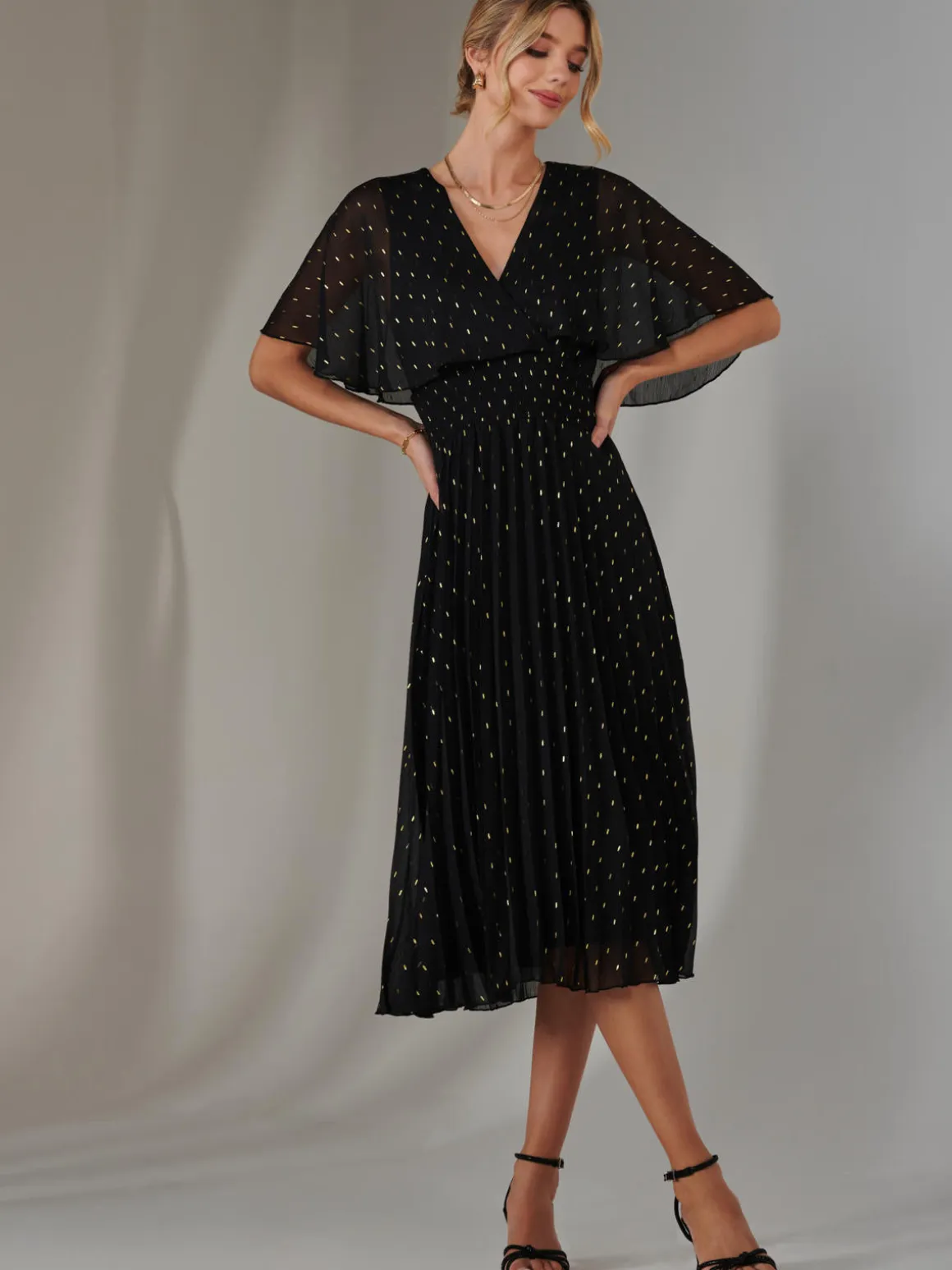 Metallic Spot Chiffon Pleated Dress, Black