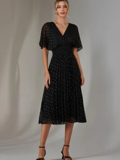 Metallic Spot Chiffon Pleated Dress, Black