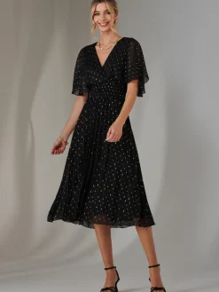 Metallic Spot Chiffon Pleated Dress, Black