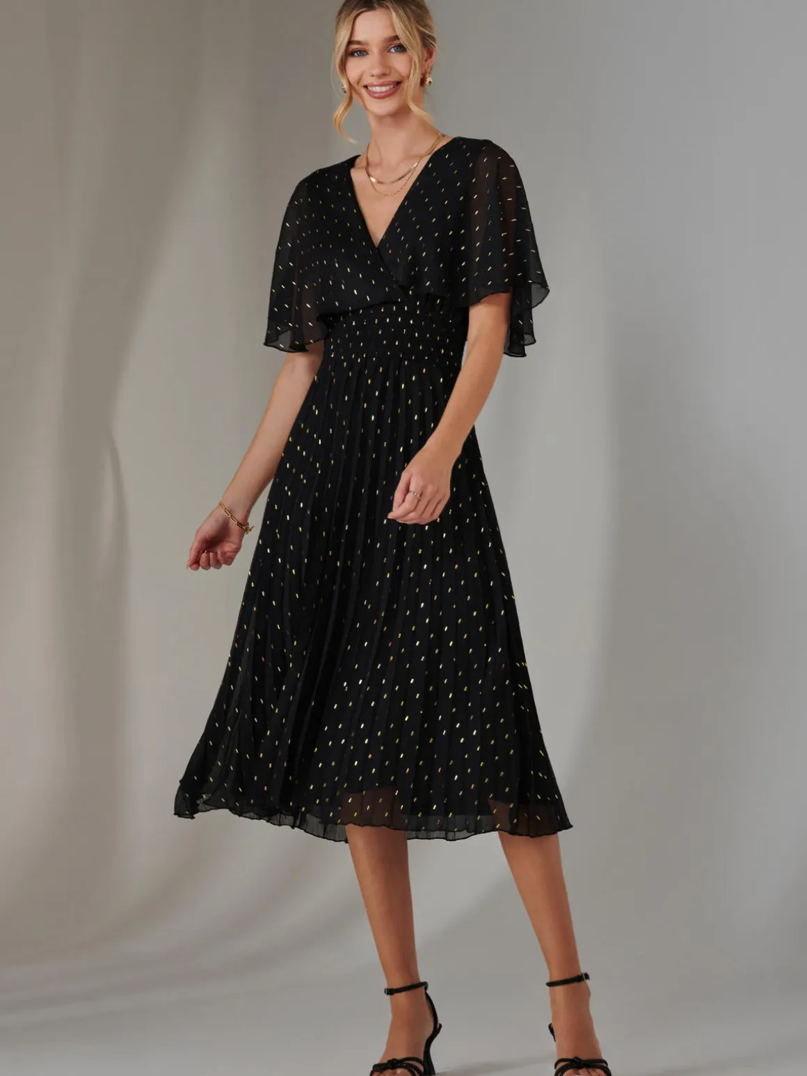 Metallic Spot Chiffon Pleated Dress, Black