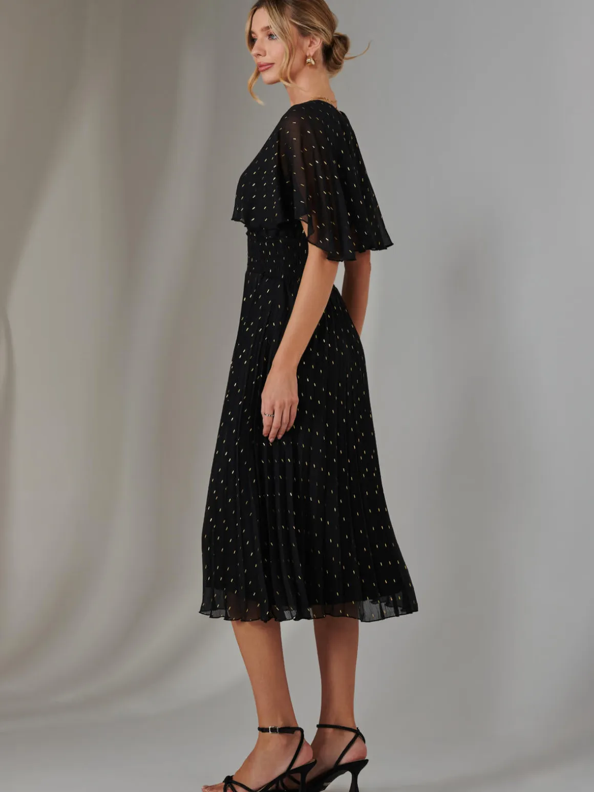 Metallic Spot Chiffon Pleated Dress, Black