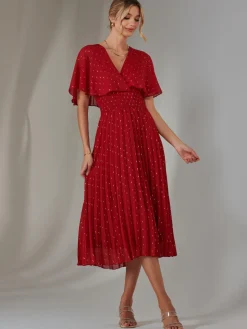 Metallic Spot Chiffon Pleated Dress, Dark Red