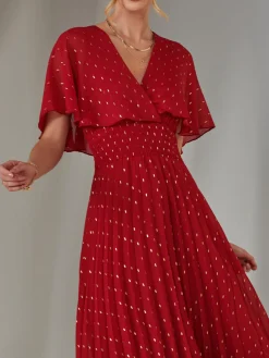 Metallic Spot Chiffon Pleated Dress, Dark Red