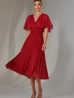 Metallic Spot Chiffon Pleated Dress, Dark Red