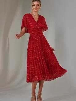Metallic Spot Chiffon Pleated Dress, Dark Red
