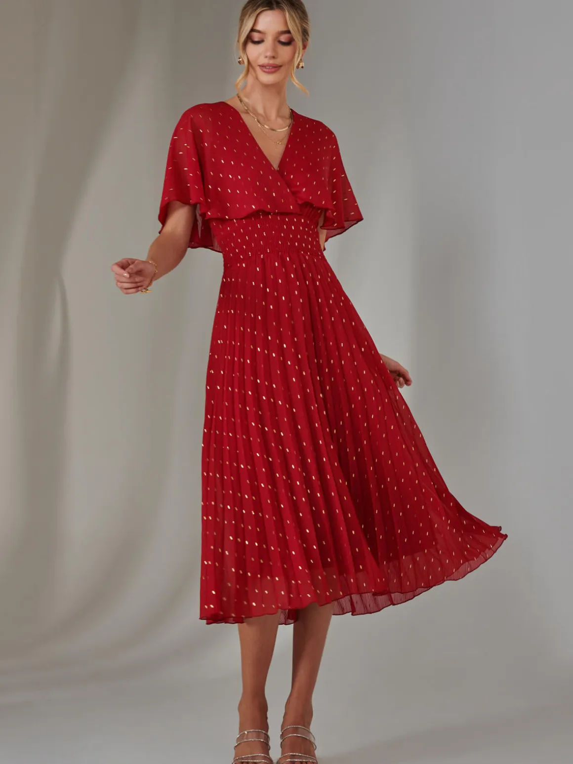 Metallic Spot Chiffon Pleated Dress, Dark Red