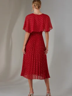 Metallic Spot Chiffon Pleated Dress, Dark Red