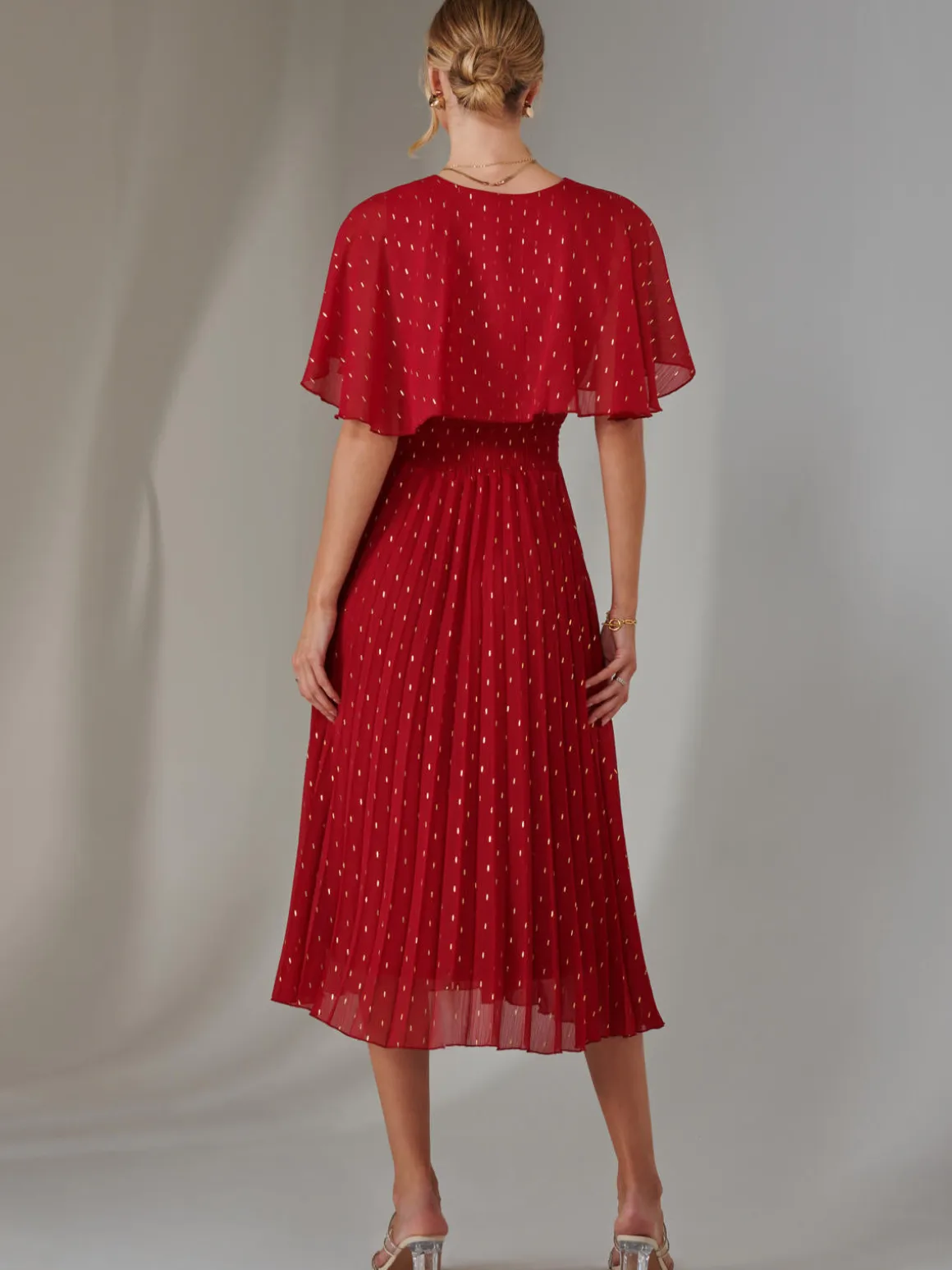 Metallic Spot Chiffon Pleated Dress, Dark Red