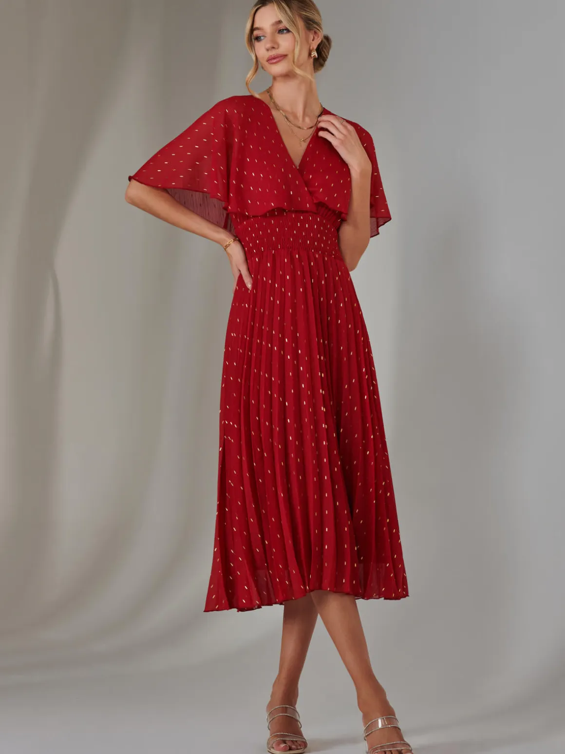 Metallic Spot Chiffon Pleated Dress, Dark Red