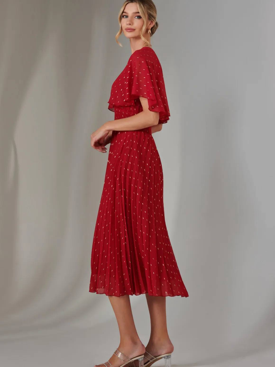 Metallic Spot Chiffon Pleated Dress, Dark Red
